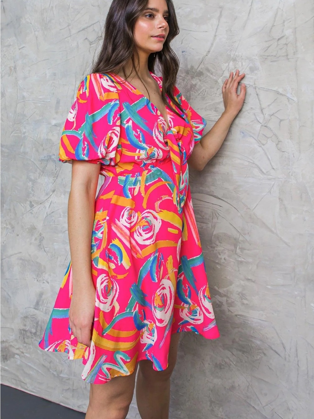 Flying Tomato Women's Pink Abstract Floral Tie-Front Mini Dress (Size S)